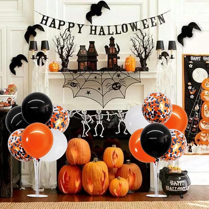 TONIFUL 4 Set Halloween Balloons Black Orange Confetti White Balloon Stand - Image 4