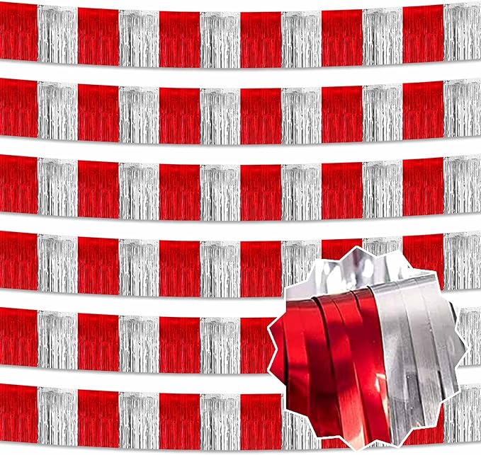 6 Pack 10 Feet Red and Silver Tinsel Foil Fringe Garland, Metallic Streamers by LANTIANCHEN