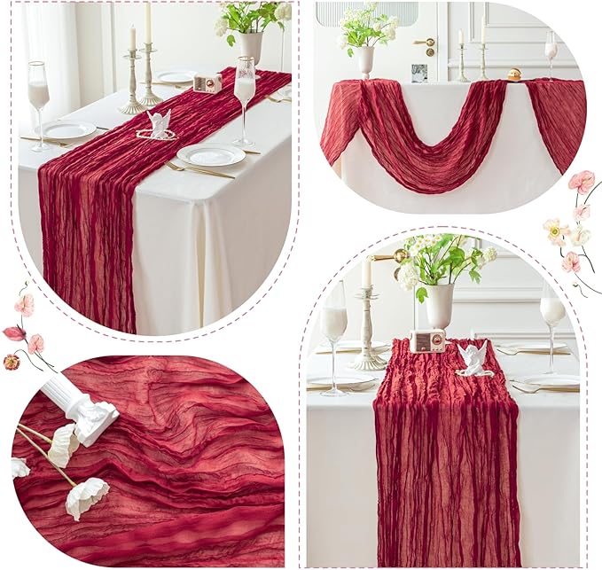 Sioloc Burgundy Red Cheesecloth Table Runner Fall Autumn Decor - Image 4