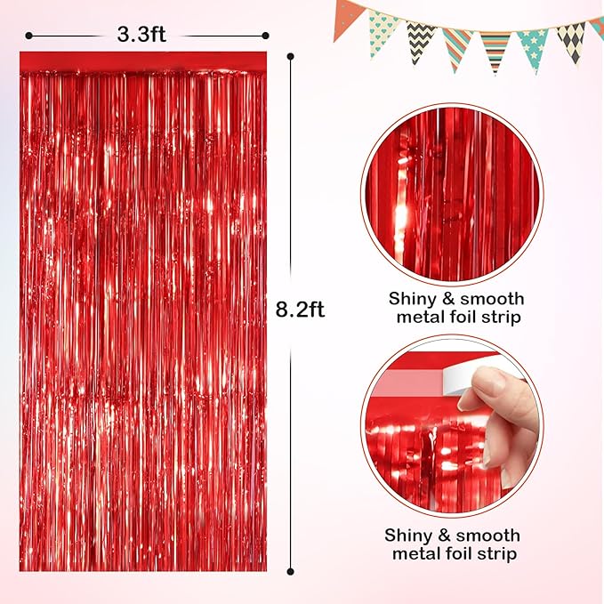Red Metallic Tinsel Foil Fringe Curtains, 4 Pack 3.3x8.3 Feet Streamer Backdrop - Image 2