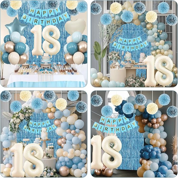 Dusty Blue 18th Birthday Party Decorations Boys Girls Beige Cream Number 18 - Image 6