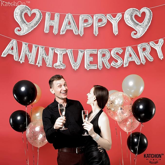 KatchOn, 18 Inch | Silver Happy Anniversary Balloon Banner | Heart Balloons - Image 3