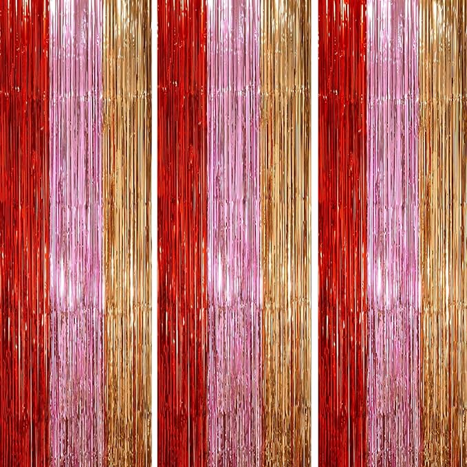 3 Pack 3.3 x 8.2 ft Valentine Foil Fringe Backdrop Curtains, Tinsel Streamers by Voircoloria