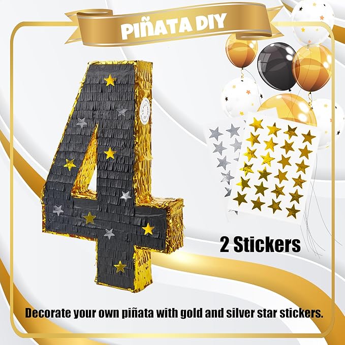 PCFING 20 Inch Number 4 Piñata Gold Black - Image 3