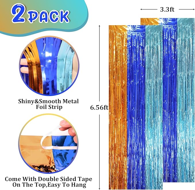 2 Pack Blue Orange Foil Fringe Backdrop Curtains, Tinsel Streamers Party - Image 2