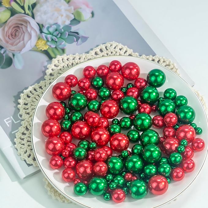 150Pcs Red&Green Polished No Hole Pearl Beads Vase Filler, Christmas Vase - Image 4