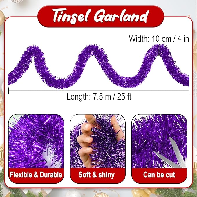 25 Feet Purple Christmas Tinsel Garland, Metallic Foil Twist Banner Wall - Image 2