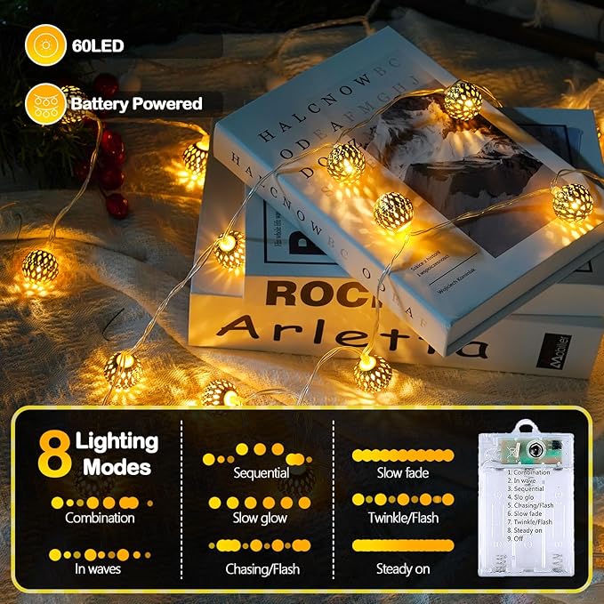 LORRYTE Moroccan String Lights Outdoor Battery Operated, 60 LED 36 FT Globe - Image 4