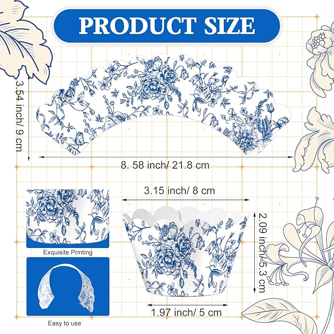 Domensi 100 Pcs Blue Floral Cupcake Wrappers Rustic Cupcake Liners Baking Cups - Image 3