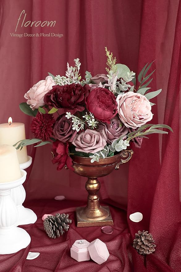 Floroom Burgundy Mauve Artificial Flowers Marsala Fake Roses Peonies and - Image 4