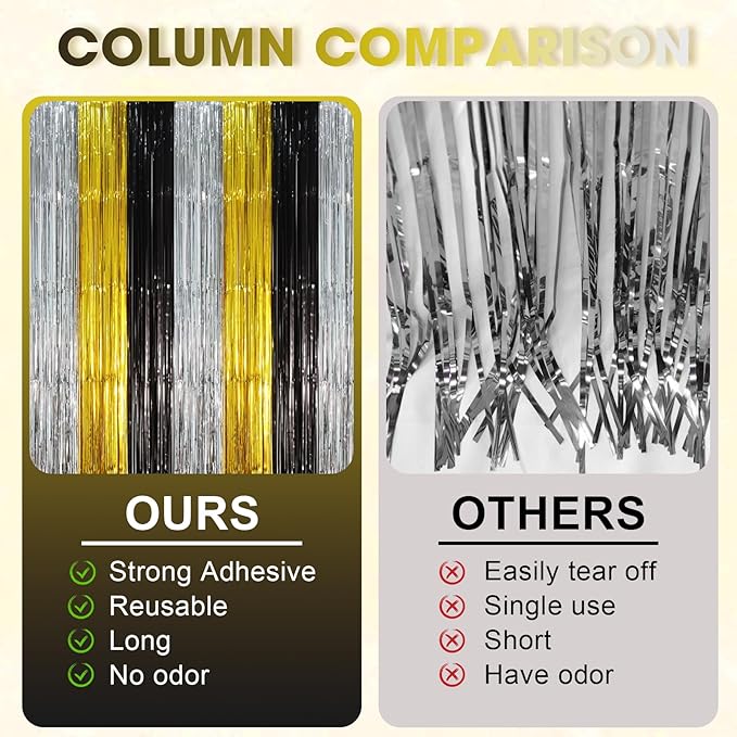 3 Pack 3.3 x 8.2 ft Black Gold Silver Foil Fringe Backdrop Curtains, Tinsel - Image 4