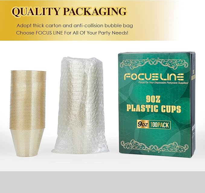 FOCUSLINE 9 oz Gold Plastic Cups, Disposable Clear Fancy Hard Plastic Cups - Image 7