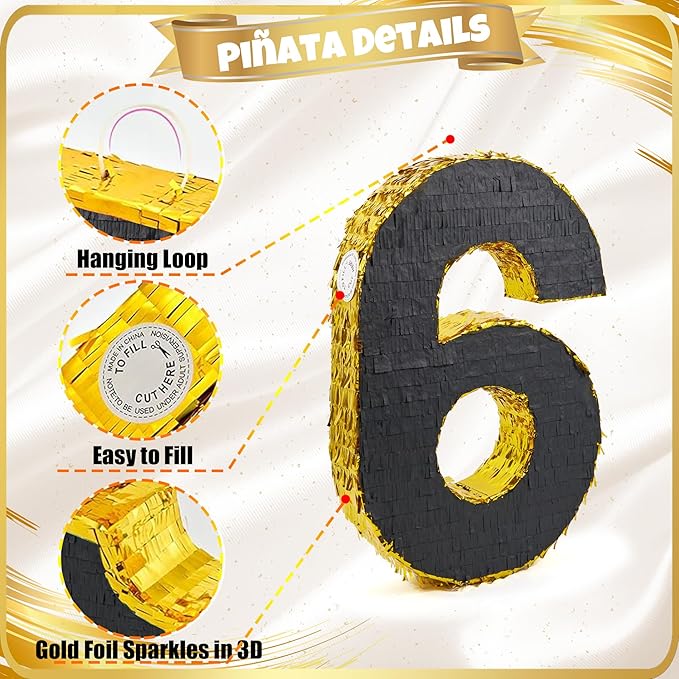 PCFING 20 Inch Number 6 Piñata Gold Black - Image 4