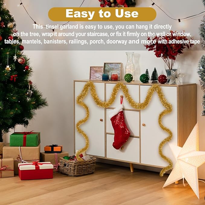50 Feet Champagne Gold Christmas Tinsel Garland, Metallic Foil Twist Garland - Image 4