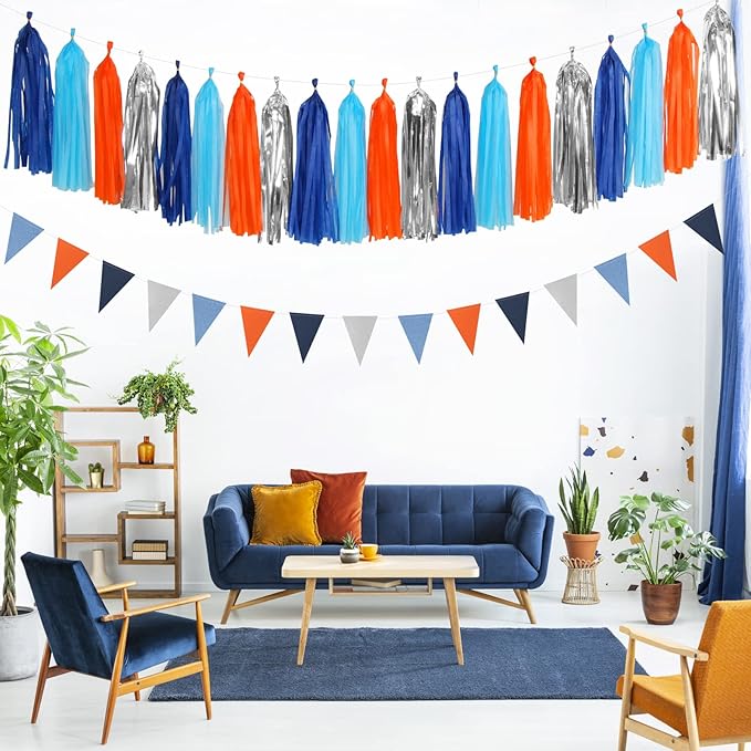 Blue-Silver Orange Space Party-Decorations Streamers-Garland - Image 5