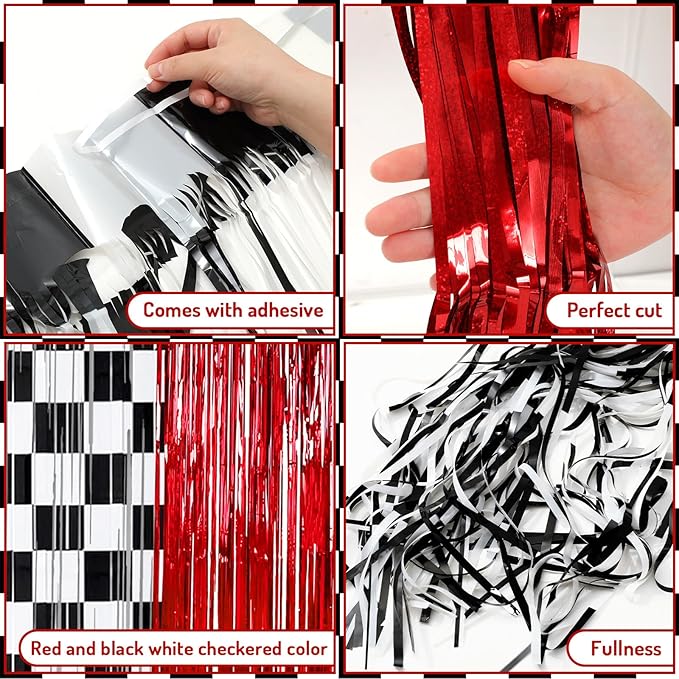 3 Pcs Racing Cars Foil Fringe Curtain Red Black White Checkered Photo Booth - Image 3