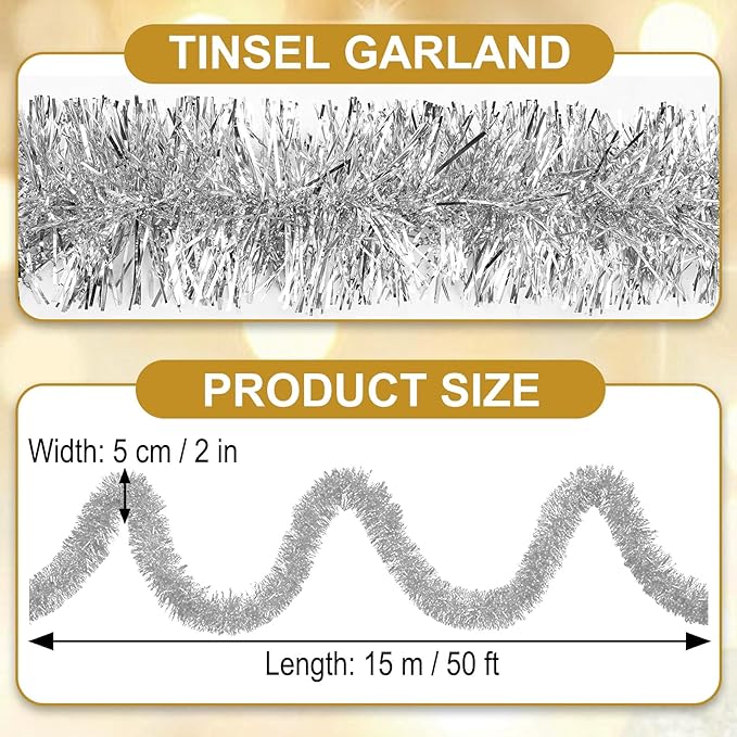 50 Feet Silver Christmas Tinsel Garland, Metallic Foil Twist Garland Wall - Image 2