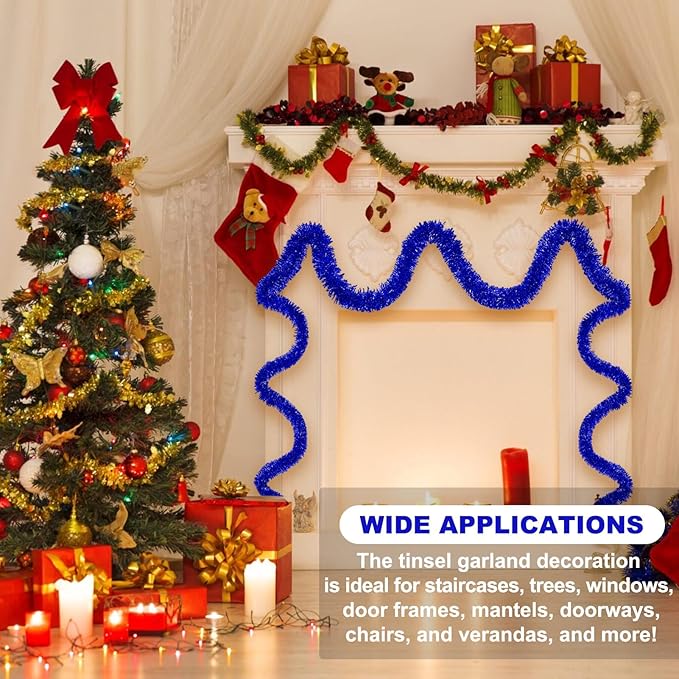25 Feet Blue Christmas Tinsel Garland, Metallic Foil Twist Banner Wall Hanging - Image 3
