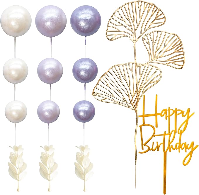 Gyufise 57Pcs Purple Balls Cake Topper Boho Grass Cake topper Pearl Balls - Image 3