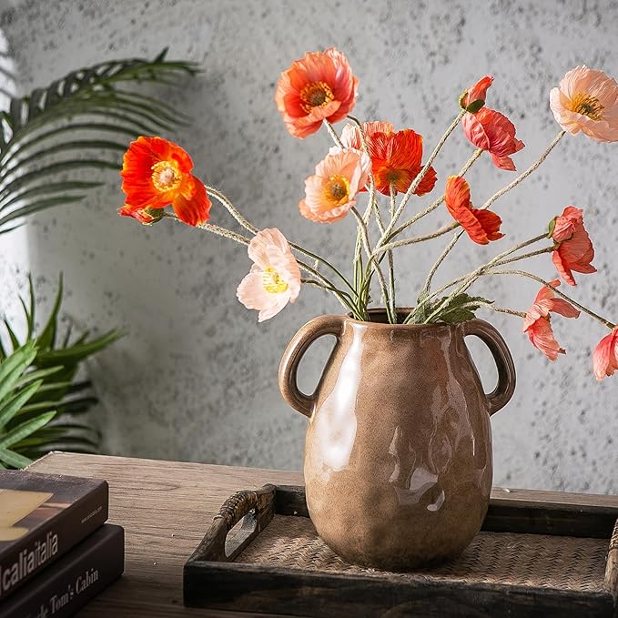 Kimdio Brown Ceramic Vase with 2 Handles, Modern Farmhouse Vase - Image 3