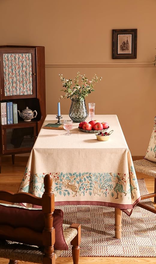 patdrea Designer Beige Rectangle Tablecloth, Vintage French Linen Trees Pattern - Image 8