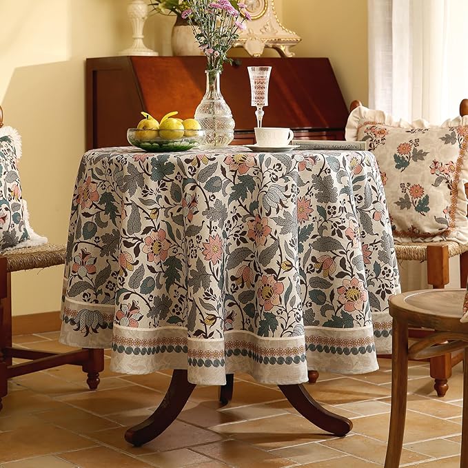 ISAENNE Designer Boho Floral Round Tablecloth, Linen Lotus Flower Pattern - Image 2