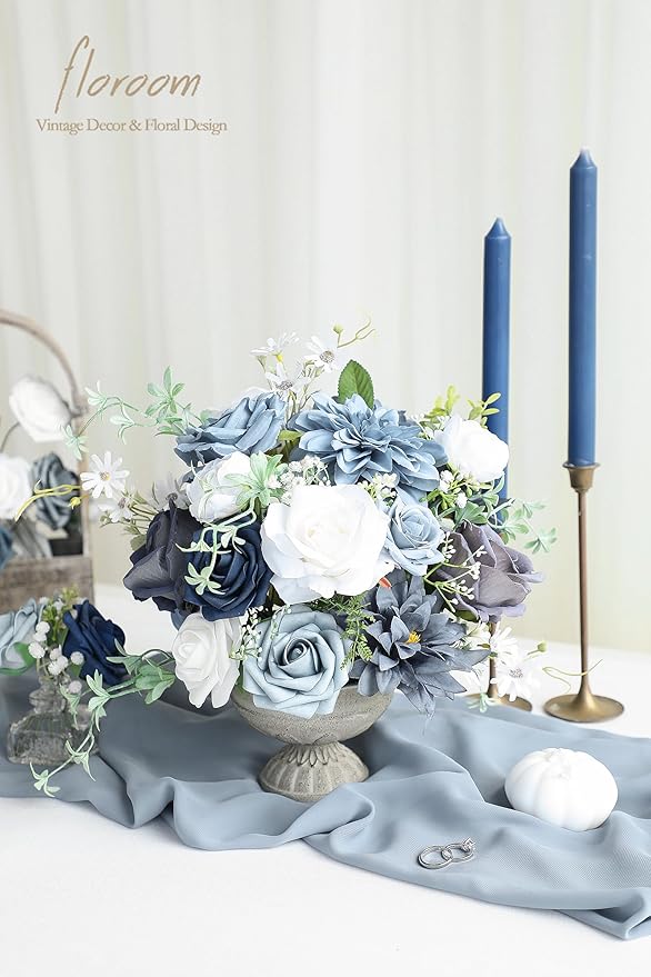 Floroom Dusty Blue Navy Artificial Flowers Fake Roses Peonies Dahlias and - Image 4
