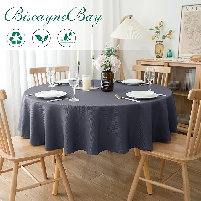 Biscaynebay Textured Fabric Round Tablecloths 70", Dark Grey Water Resistant - Image 2