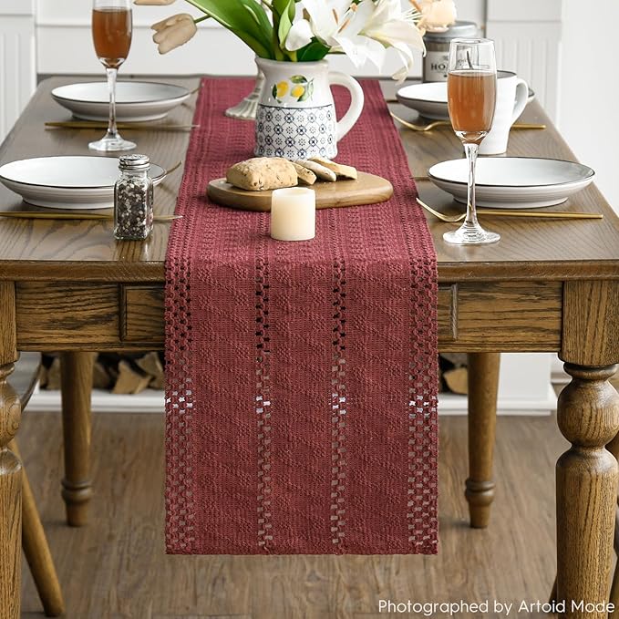 Artoid Mode Red Farmhouse Woven Rustic Hollow Table Runner, Seasonal Holiday - Image 2