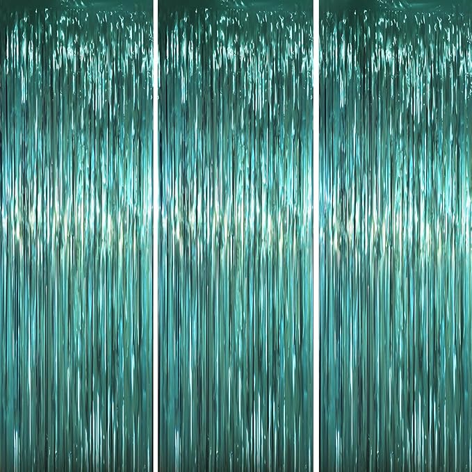 3 Pack 3.3 x 6.6 ft Dark Green Foil Fringe Backdrop Curtains, Tinsel Streamers by Voircoloria