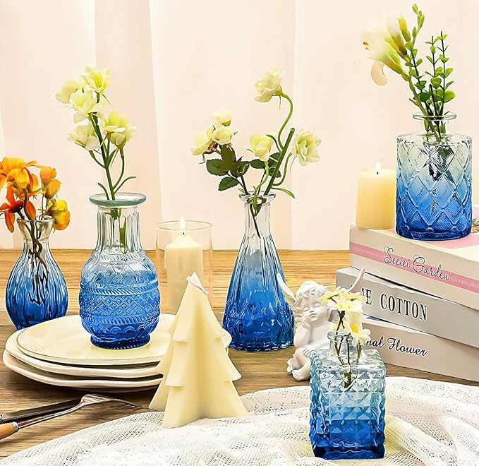 Blue Glass Bud Vase Set, Mini Single Vintage Design - Image 3