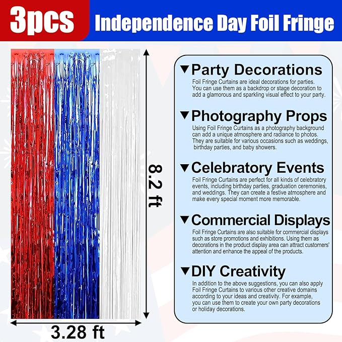 3 Pack White Blue Red Foil Fringe Curtain Backdrop, 3.28Ft x 8.2Ft Metallic - Image 2