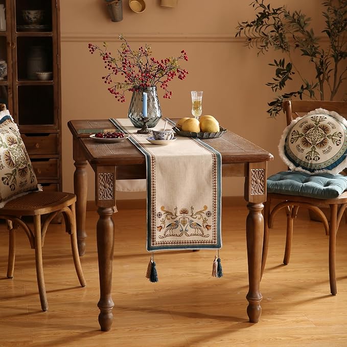 patdrea Designer Beige Farmhouse Geometric Patterned Linen Table Runner 87 Inch - Image 6