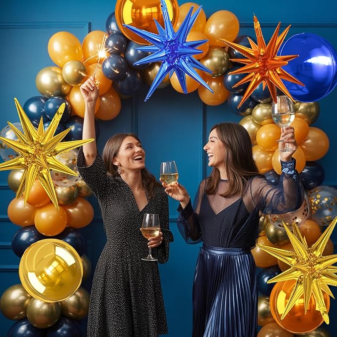 6Pcs Blue Orange Gold Foil Balloons, 22Inch Orange Blue Gold 4D Round Ball - Image 6