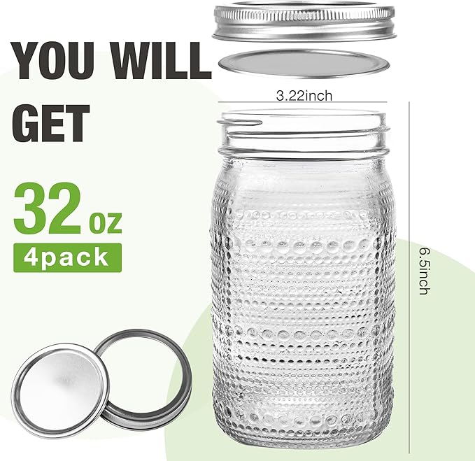 Mason Jars 32 Oz with Lids Wide Mouth 4 Pack, Glass Jars Canning Jars Large - Image 2