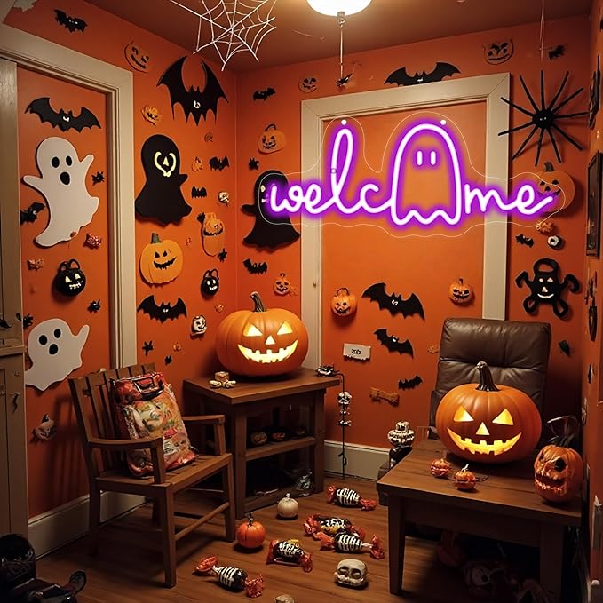 Halloween Welcome Ghouls Neon Sign, Spooky Ghost LED Halloween Decor, Haunted - Image 6