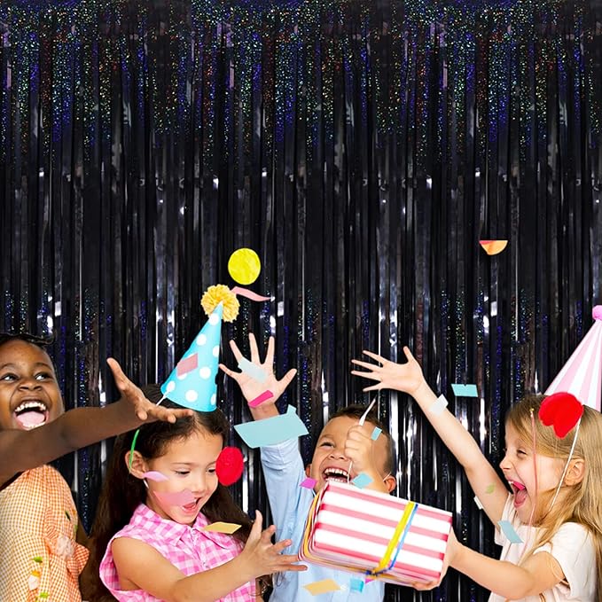 4 Pack Black Tinsel Foil Fringe Curtain Backdrop, 3.28Ft x 8.2Ft Metallic - Image 5