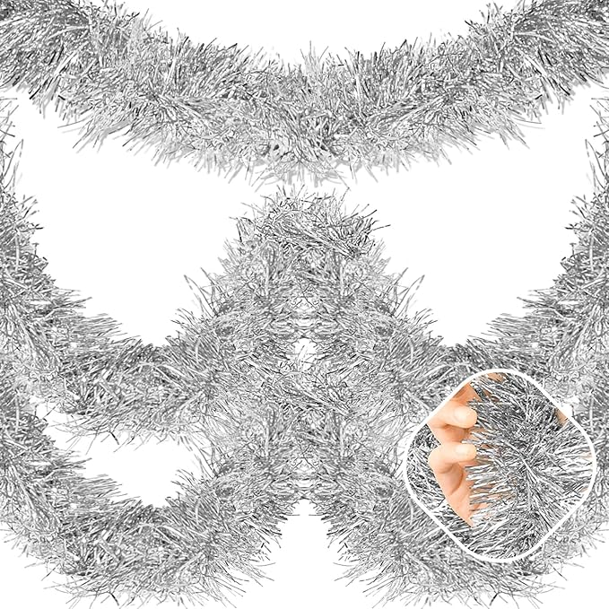 50 Feet Silver Christmas Tinsel Garland, Metallic Foil Twist Garland Wall by AIKENLIN