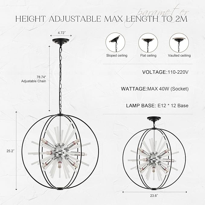23.6" Black Chrome 12-Light Globe Sputnik Chandelier Modern Adjustable Hanging - Image 3