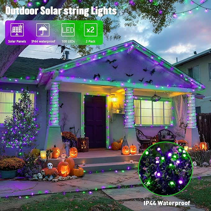 JMEXSUSS Purple and Green Halloween Lights, Total 66 FT 200 LED Solar Halloween - Image 2