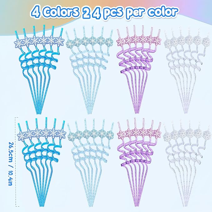 24Pcs Glitter Reusable Frozen Plastic Straws Drinking Straws, 4 Snowflake Shape - Image 2