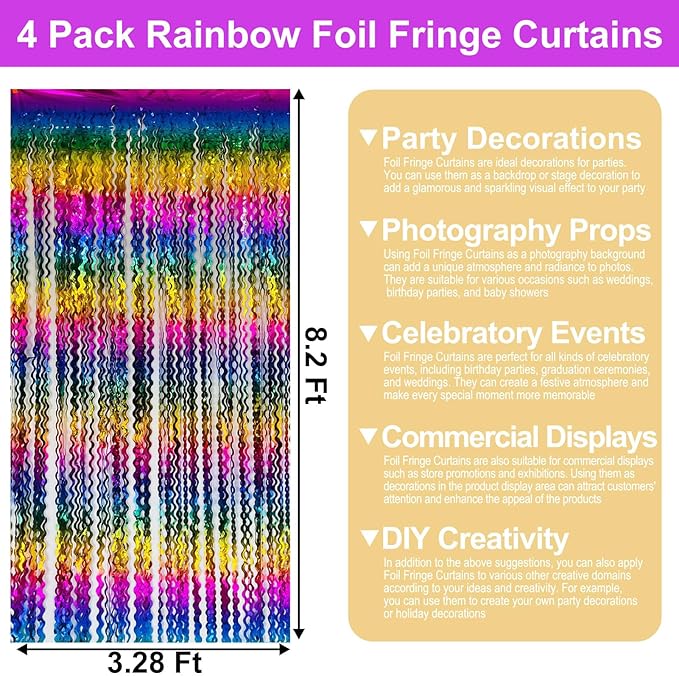 4 Pack Rainbow Wave Foil Fringe Curtain Backdrop, 3.28Ft x 8.2Ft Metallic - Image 2