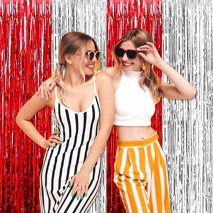 3 Pack Red Silver Foil Fringe Curtains Backdrop, 3.28 x 9.8 Ft Metallic - Image 6
