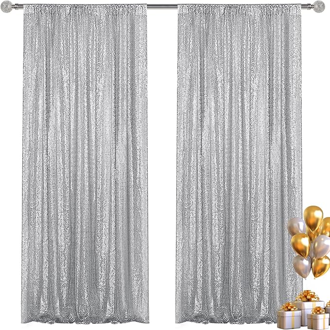 Silver Sequin Backdrop Curtain 2 Pieces 2FTx8FT Glitter Photography Backdrop by Unknown