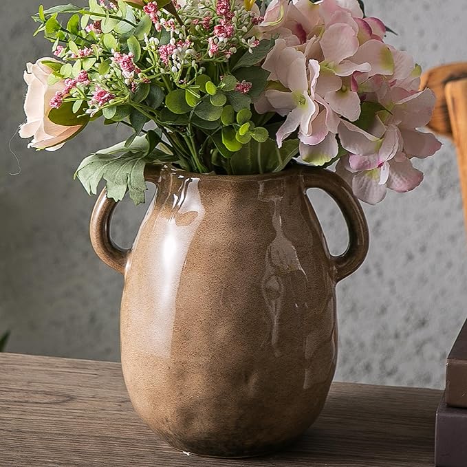 Kimdio Brown Ceramic Vase with 2 Handles, Modern Farmhouse Vase by Kimdio