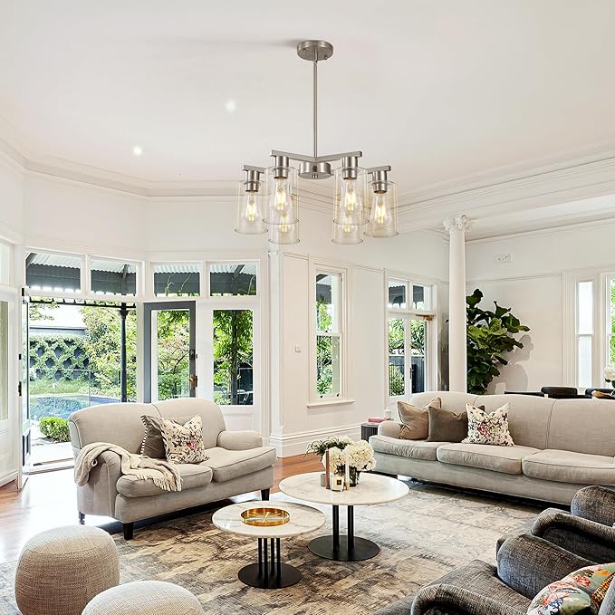 6-Light Modern Farmhouse Brushed Nickel Chandelier, Dining Room Light Fixture - Image 5