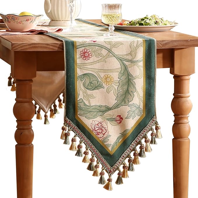 patdrea Designer Green Floral Extra Long Table Runner, French Elegant Vibrant by Welcometopatdrea
