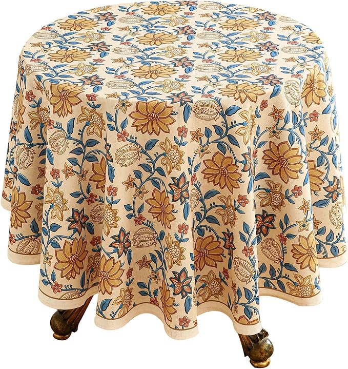 ISAENNE Designer Bohemian Floral Round Tablecloth, Linen Colorful Table Cloth by Isaennehomedecoration