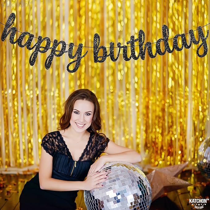 KatchOn, Glitter Cursive Black Happy Birthday Banner - Image 8