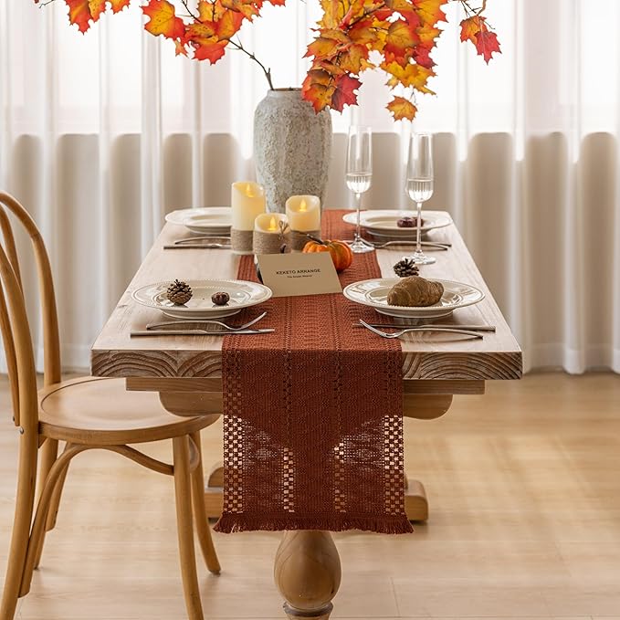 Boho Rust Table Runner for Home Decor 12x48 Inches Farmhouse Macrame Burlap - Image 2
